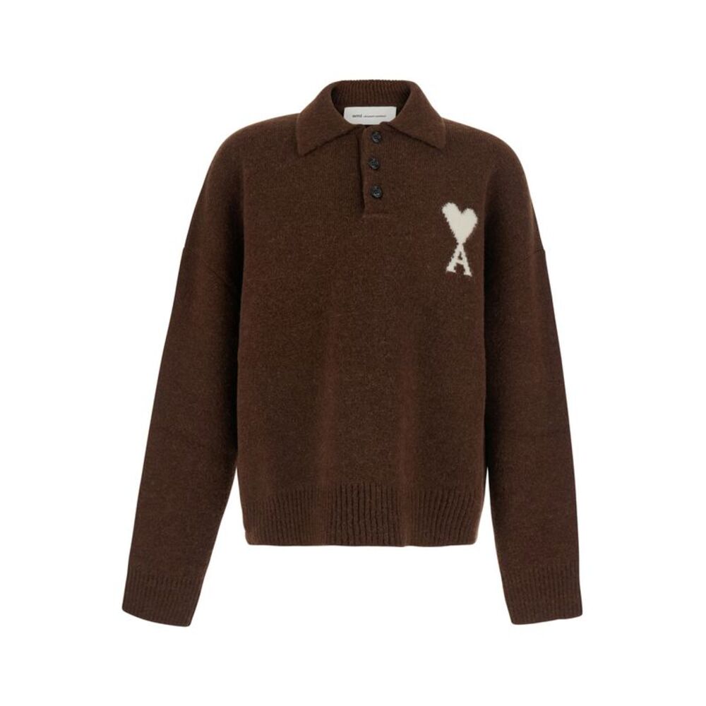 Ami Paris Men Polo Sweater With Polo Collar And Long Sleeves In Brown For Men
